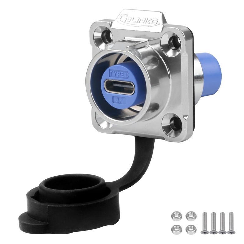 CNLINKO LP-16 Type-C Port Waterproof Connector IP67 4-Hole Metal Panel Mount Receptacles Socket with Sealing Cover - Image 1